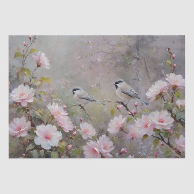 Small Birds with Blossoming Flowers Decoupage Tissue Paper (Front)
