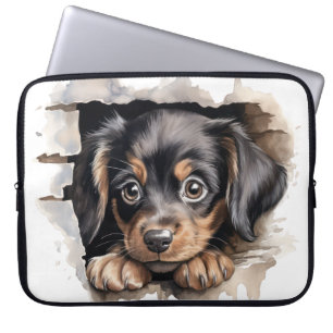 SMALL BLACK AND TAN PUPPY DOG PEEKING OVER FENCE LAPTOP SLEEVE