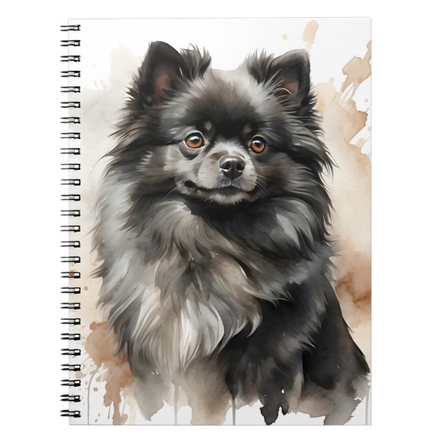 SMALL BLACK FLUFFY POMERANIAN PUPPY DOG NOTEBOOK (Front)