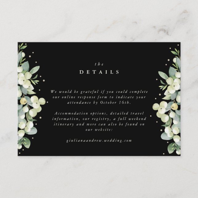 Small Black Snowberry+Eucalyptus Wedding Details Enclosure Card (Front)