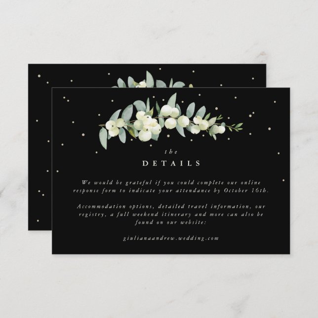 Small Black Snowberry+Eucalyptus Wedding Details Enclosure Card (Front/Back)