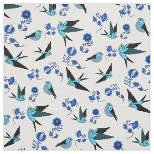 Small blue bird flying, sitting, Folk floral print Fabric