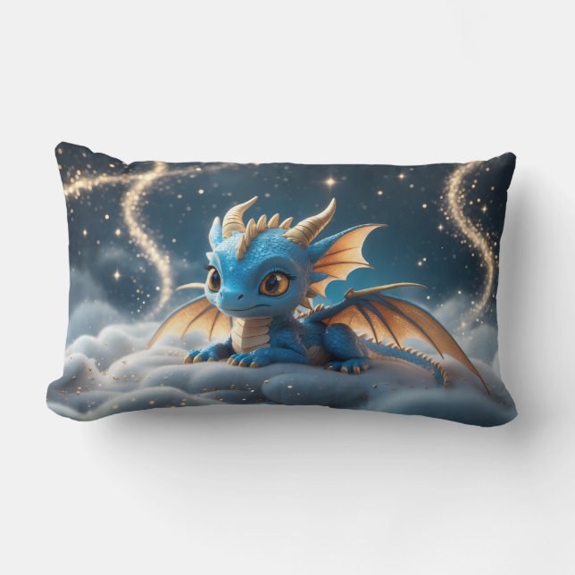 Small blue dinosaur on a cloud lumbar cushion (Front)