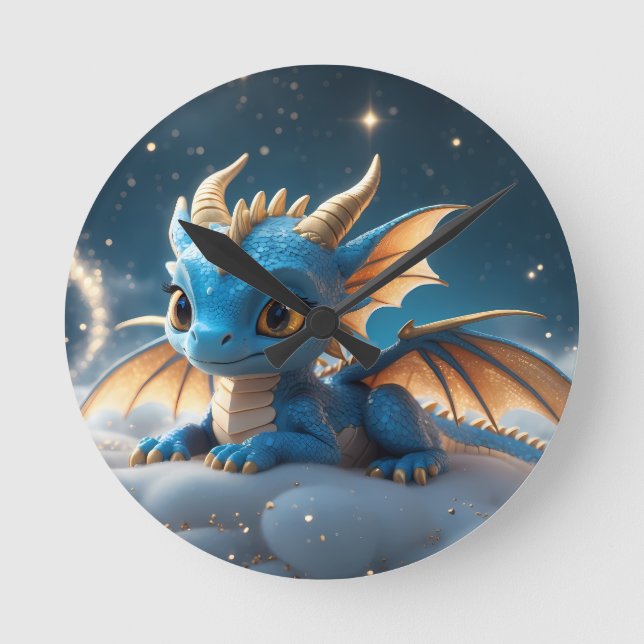 Small blue dinosaur on a cloud round clock (Front)