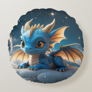 Small blue dinosaur on a cloud round cushion