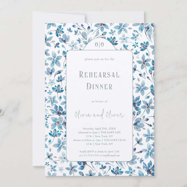 Small Blue Flowers Rehearsal Dinner Invitation (Front)