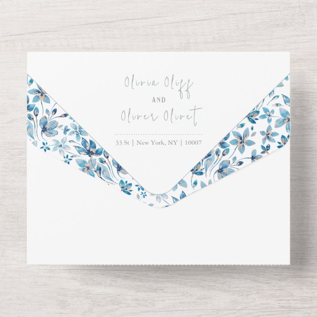 Small Blue Flowers Wedding All In One Invitation (Back)