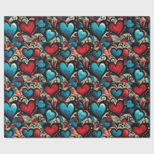Small Blue Roses Tattoo Hearts Digital Theme Wrapping Paper