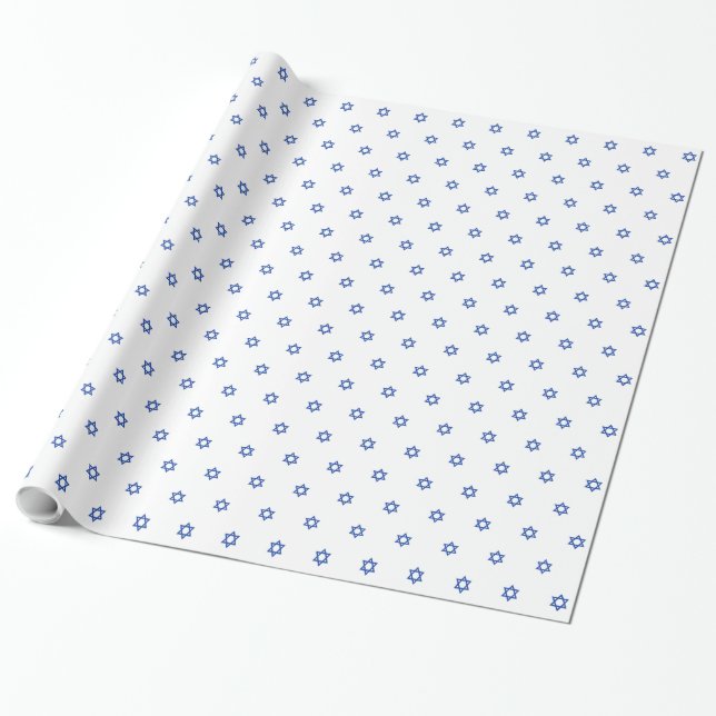 Small Blue Star Of David White Wrapping Paper (Unrolled)