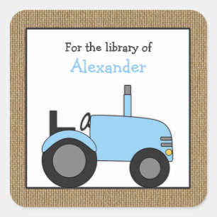 Small blue tractor library bookplate square sticker