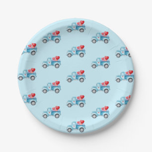 Small Blue Truck Valentine's Day Party Paper Plate