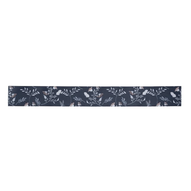 Small Bluebells and Bluebirds Floral on Midnight Satin Ribbon (Front)