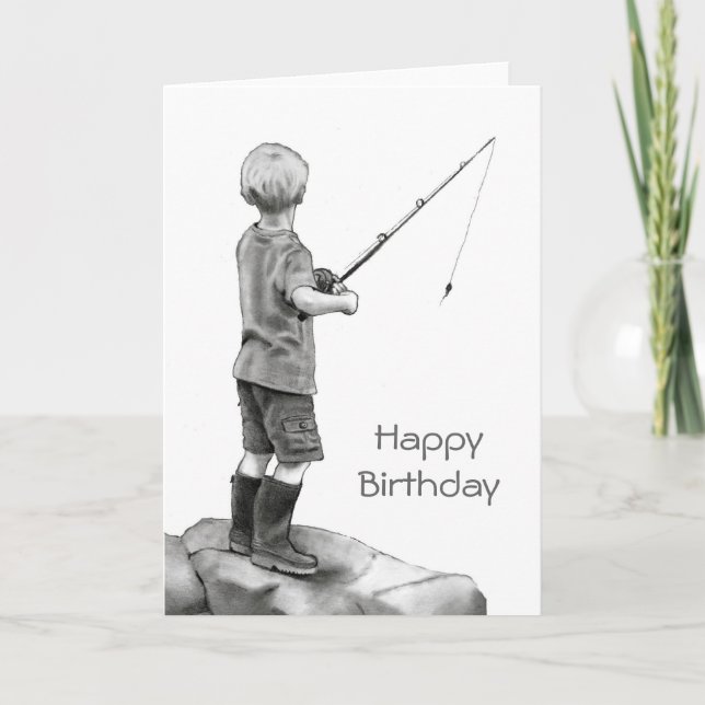 Small Boy Fishing: Original Pencil Drawing Card (Front)