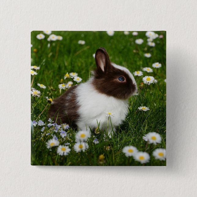 Small Brown and White Bunny in Flowers 15 Cm Square Badge (Front)