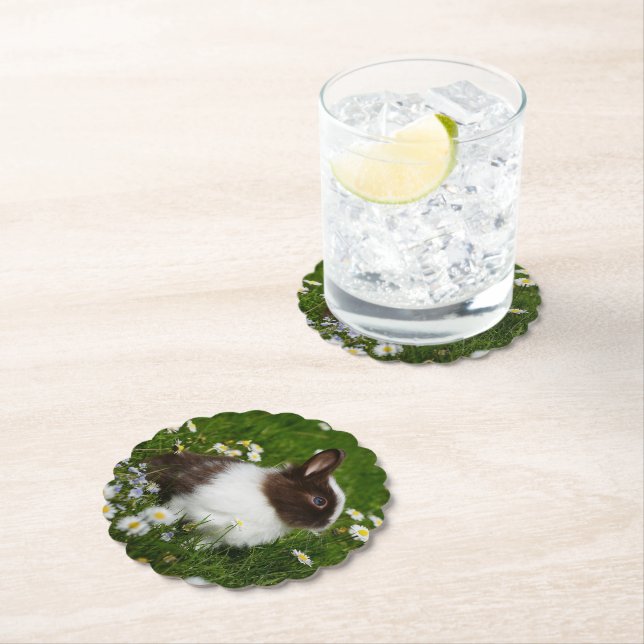 Small Brown and White Bunny in Flowers Paper Coaster (Insitu)