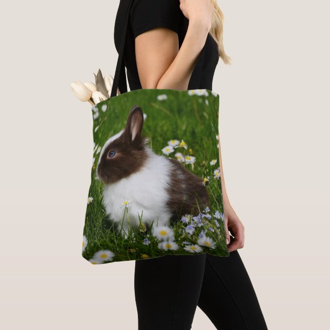 Small Brown and White Bunny in Flowers Tote Bag (Close Up)