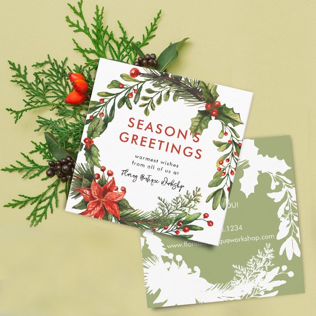 Small Business Christmas Festive Wreath Info Square Business Card (Small Business Christmas Festive Wreath Info Square Business Card)