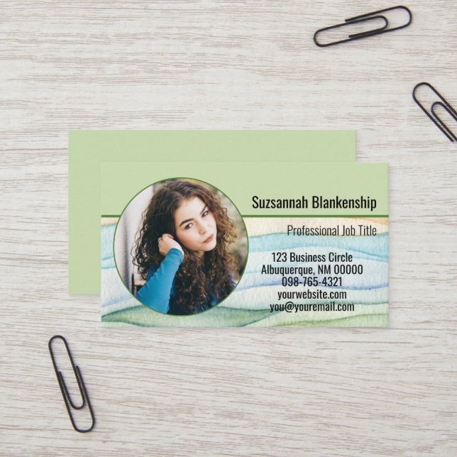 Small Business Custom Round Photo Watercolor Business Card (Front/Back In Situ)