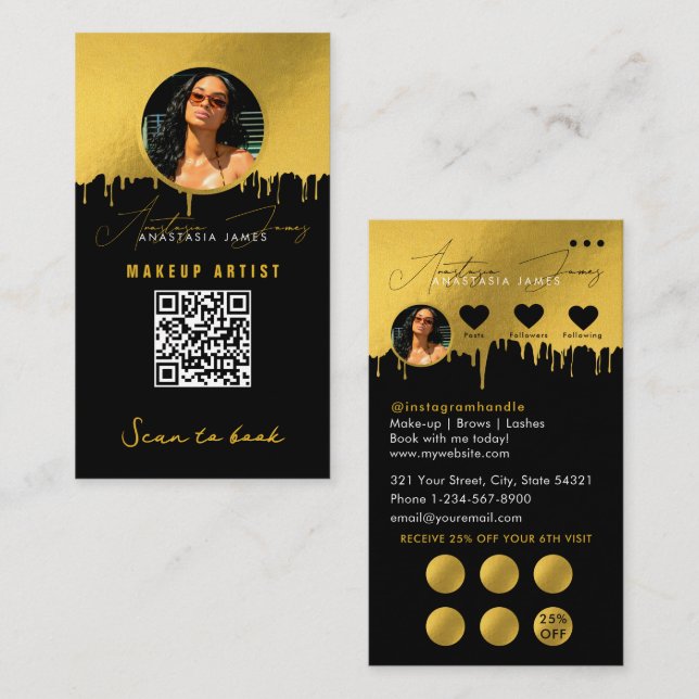 Small Business Discount Loyalty QR Code Black Gold Business Card (Front/Back)