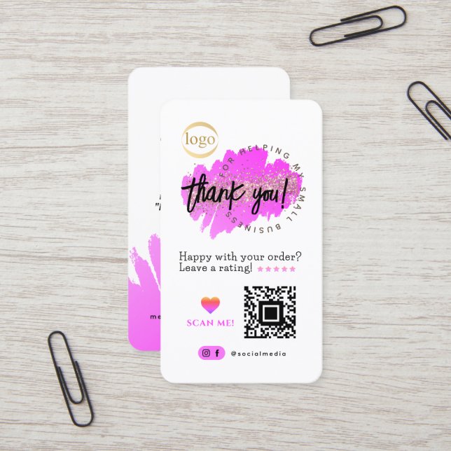 Small Business QR Code Logo Thank You Pink Glitter Business Card (Front/Back In Situ)