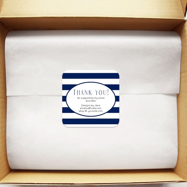 Small Business Thank You Modern Navy Strip Square Sticker (Creator Uploaded)