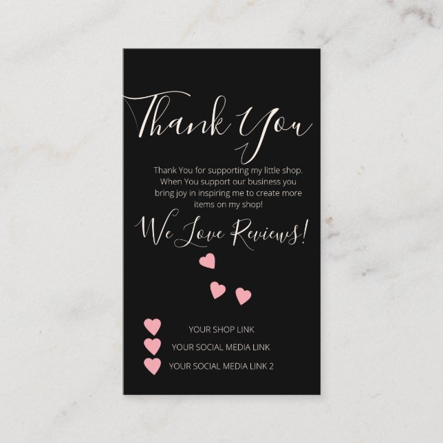 Small Business Thank You Shop Review Hearts Black Business Card (Front)