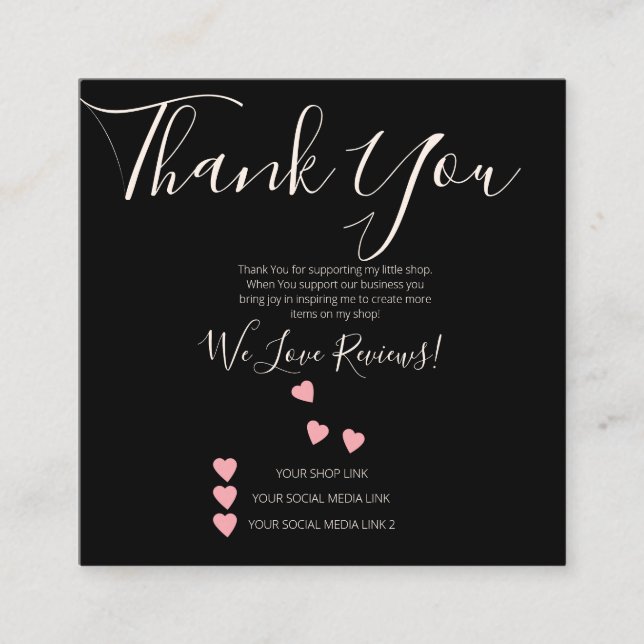 Small Business Thank You Shop Review Hearts Black Square Business Card (Front)