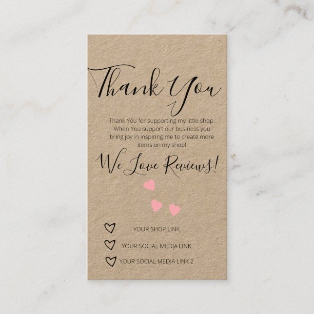 Small Business Thank You Shop Review Hearts  Busin Business Card (Front)