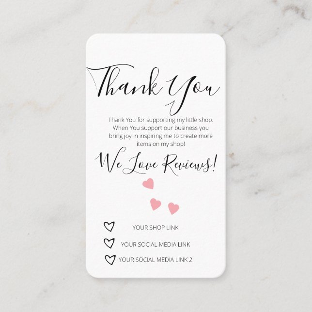 Small Business Thank You Shop Review Hearts  Business Card (Front)