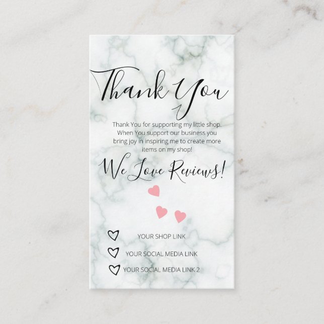 Small Business Thank You Shop Review Hearts Marble Business Card (Front)