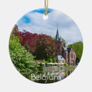 Small castle near lake in Bruges, Belgium Ceramic Tree Decoration