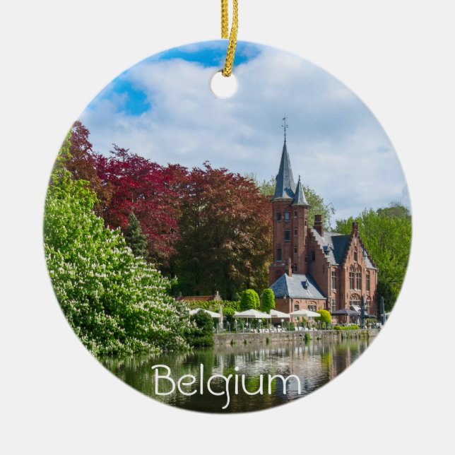 Small castle near lake in Bruges, Belgium Ceramic Tree Decoration (Front)