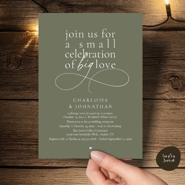 Small Celebration of Big Love, Elegant Minimalist  Invitation (Small Celebration of Big Love, Elegant Minimalist Wedding Reception invites Card in Olive Sage Green)