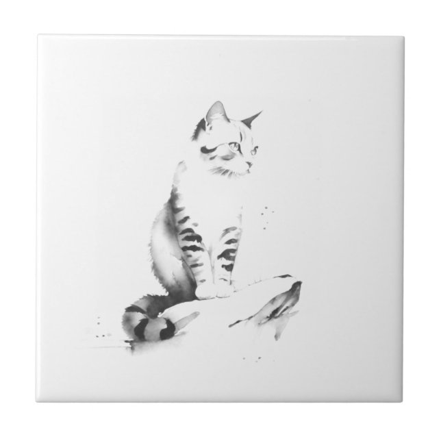 Small Ceramic Tile - Cat, Ink Wash Style (Front)