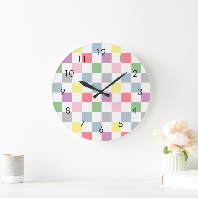 Small Checkers Pastel Colours White Chequered    Large Clock (Home)