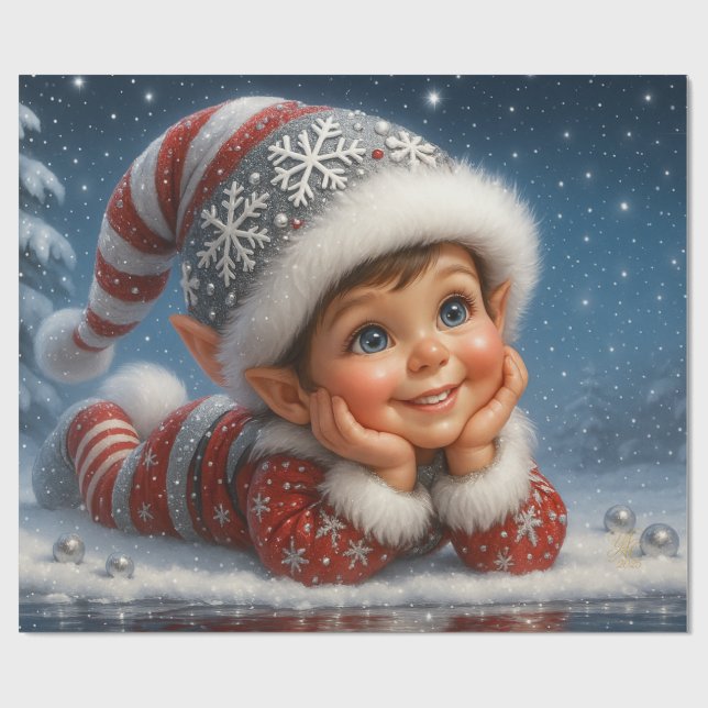 Small Christmas Elf in Glitzer Snow Wrapping Paper (Flat)