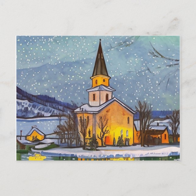 Small church in the village during winter holiday postcard (Front)