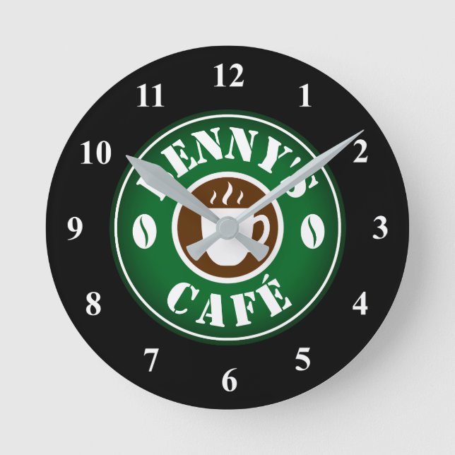 Small coffee shop wall clock with custom name (Front)
