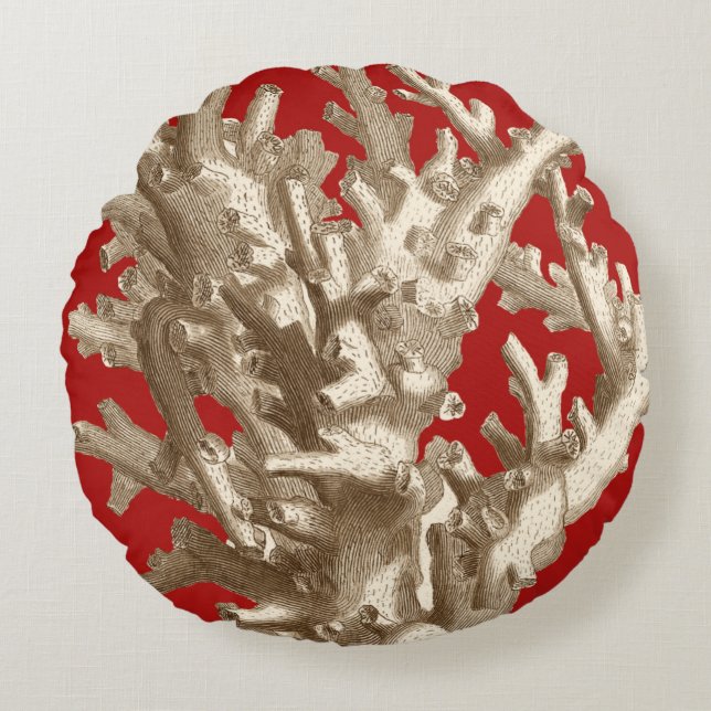 Small Coral in Red Round Cushion (Front)