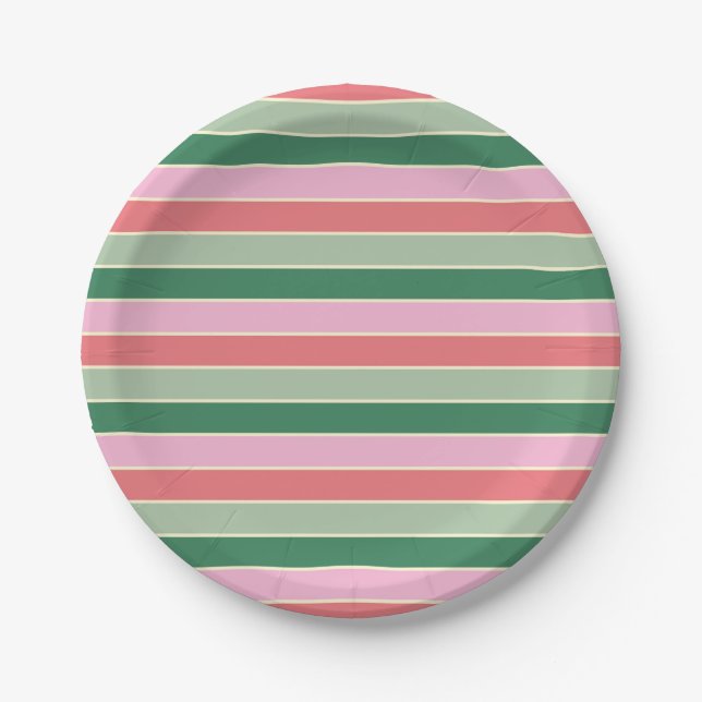 Small Coral, Pink and Green Stripes Paper Plate (Front)