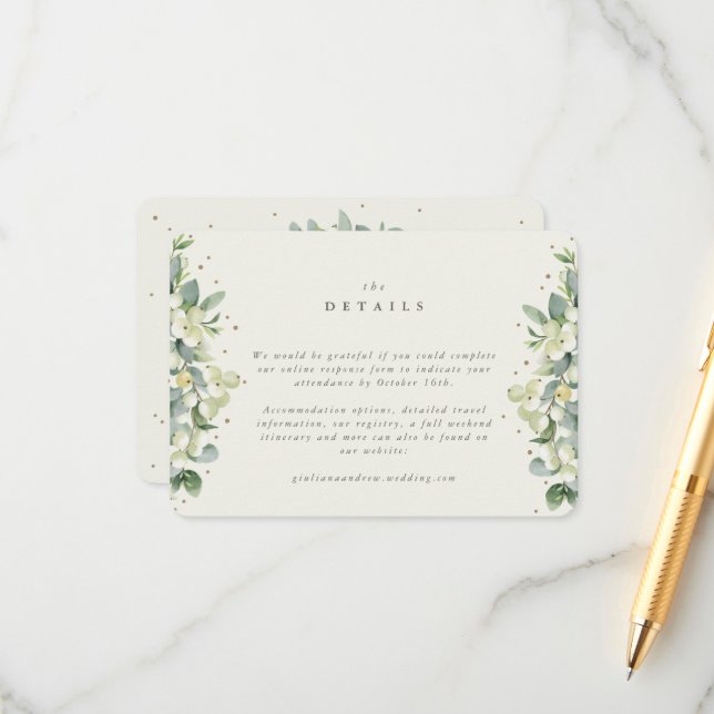 Small Cream Snowberry+Eucalyptus Wedding Details Enclosure Card (Front/Back In Situ)