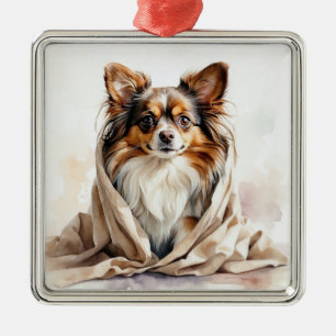 SMALL CUTE FLUFFY PAPILLON PUPPY DOG METAL TREE DECORATION
