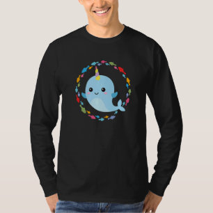 Small Cute Narwhal In A Colourful Circle Of Fish   T-Shirt
