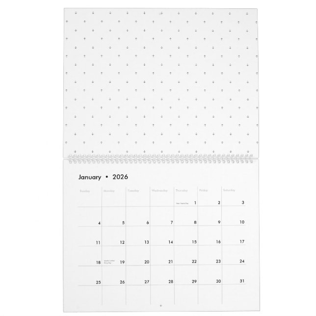 Small, dark-grey plus signs and dots arranged in a calendar (Jan 2026)