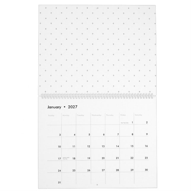Small, dark-grey plus signs and dots arranged in a calendar (Jan 2027)