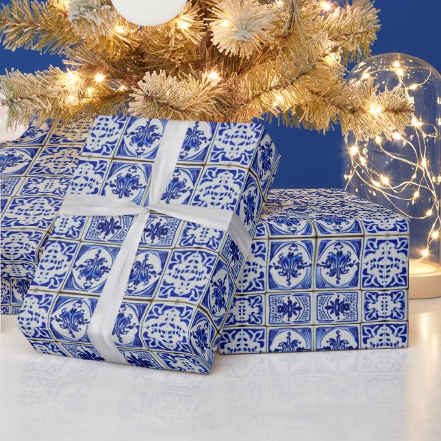 Small Dutch Tiles in Blue and White Patterns Wrapping Paper (Holidays)