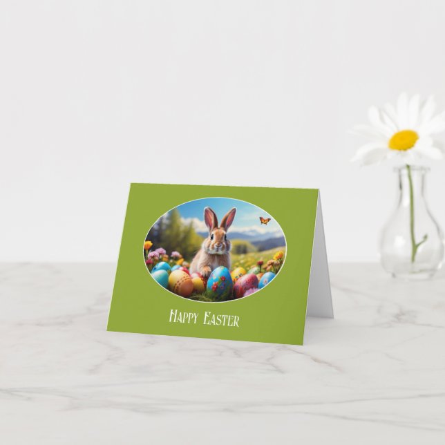 Small Easter Bunny in countryside, oval map Card (Small Plant)