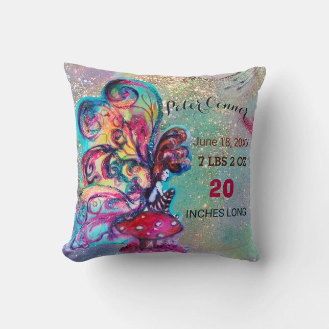 SMALL ELF MUSHROOMS BABY SHOWER Baby Birth Stats Cushion (Front)