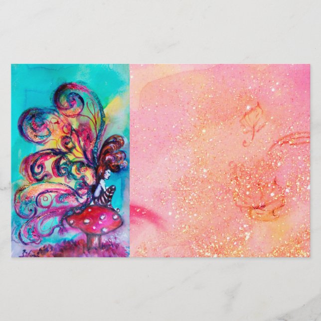 SMALL ELF OF MUSHROOMS IN GOLD PINK SPARKLES STATIONERY (Front)