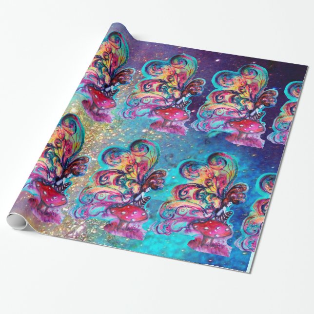Small Elf of Mushrooms -MAGIC BUTTERFLY PLANT Wrapping Paper (Unrolled)